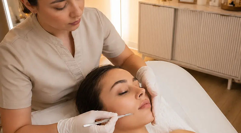 Editorial depiction of a professional dermaplaning treatment