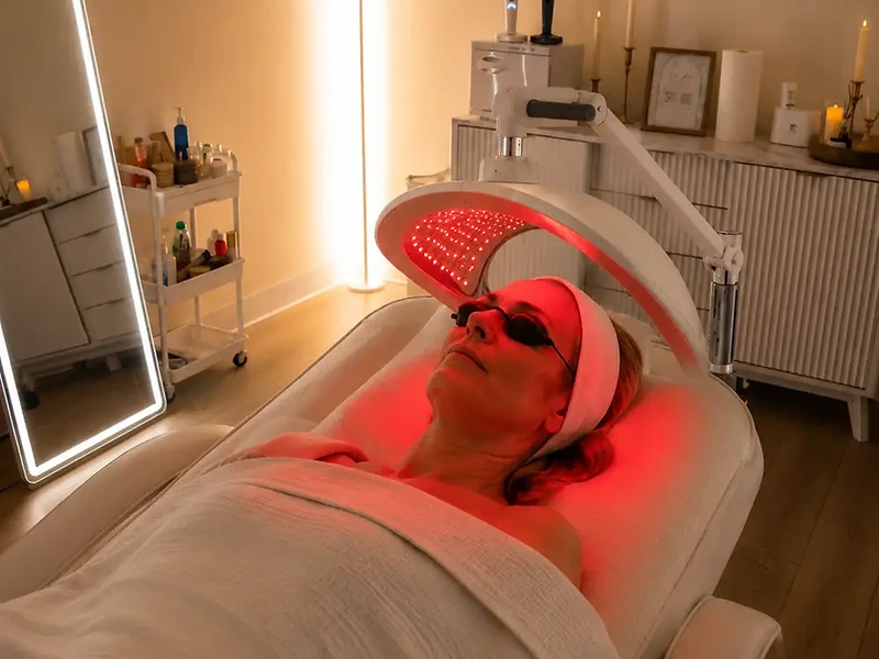 Editorial depiction of a mature client receiving a red LED facial