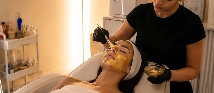 Editorial depiction of Serenity's Cleopatra Facial with a gold-toned mask