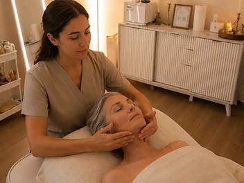 Editorial depiction of a mature client receiving a lifting facial