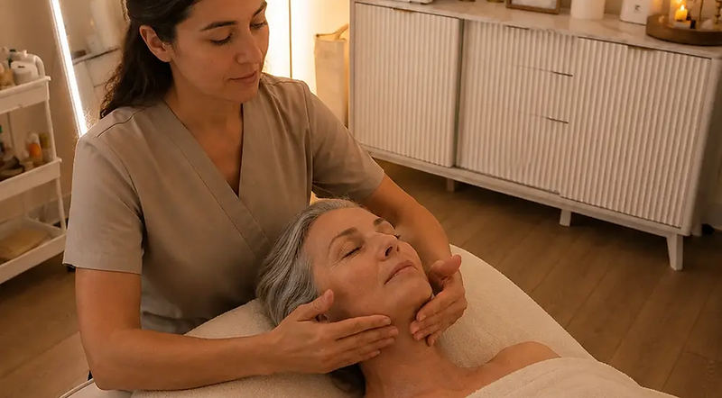 Editorial depiction of a mature client receiving a lifting facial