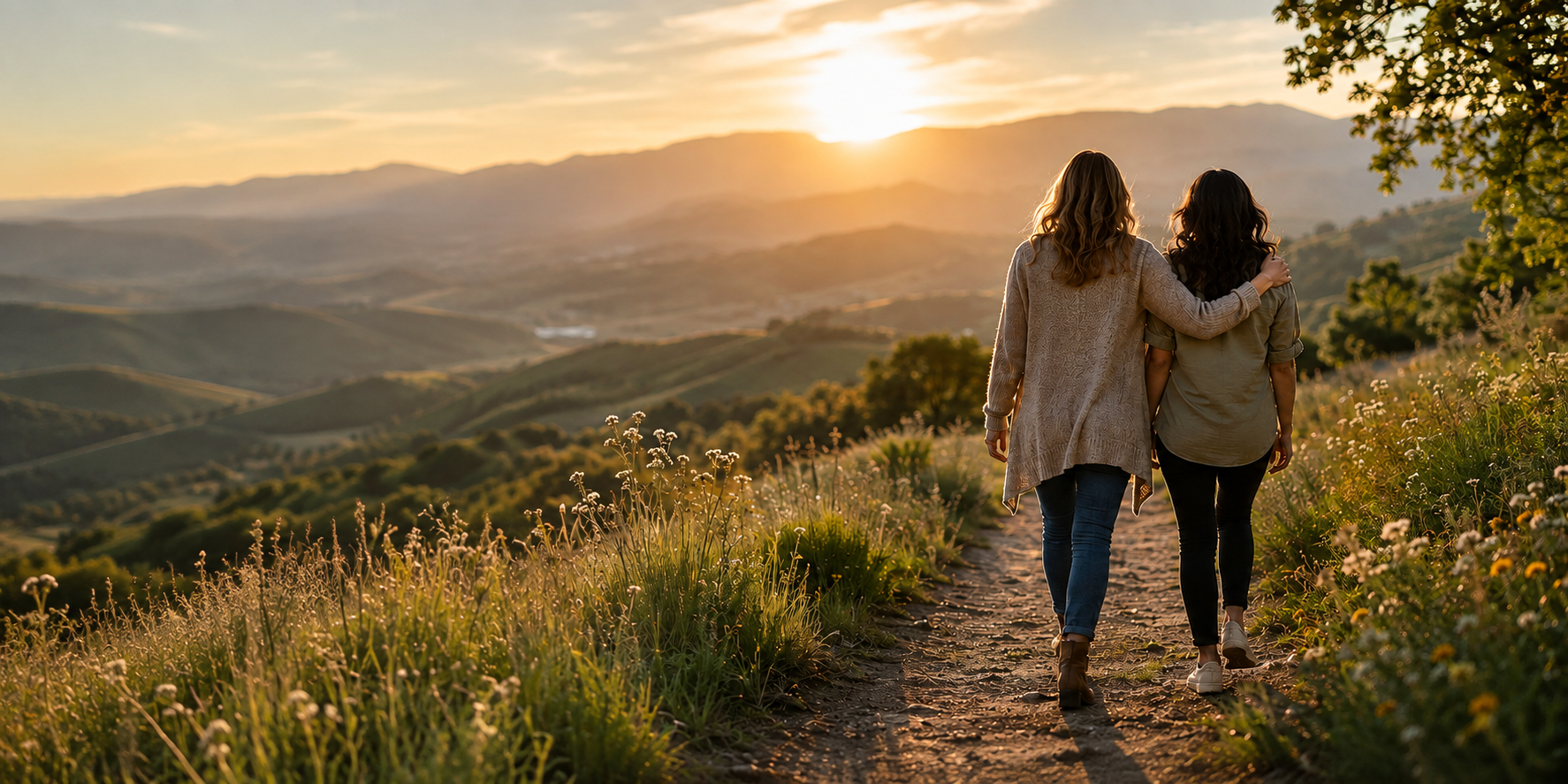 Two women walking together along a path at sunset, moving toward a brighter horizon