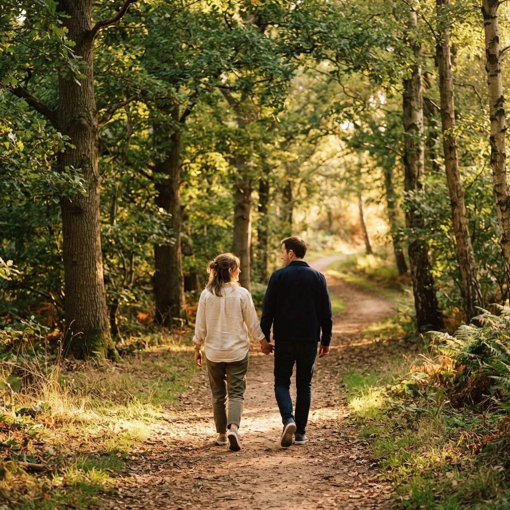 Two people walking together along a sunlit forest path