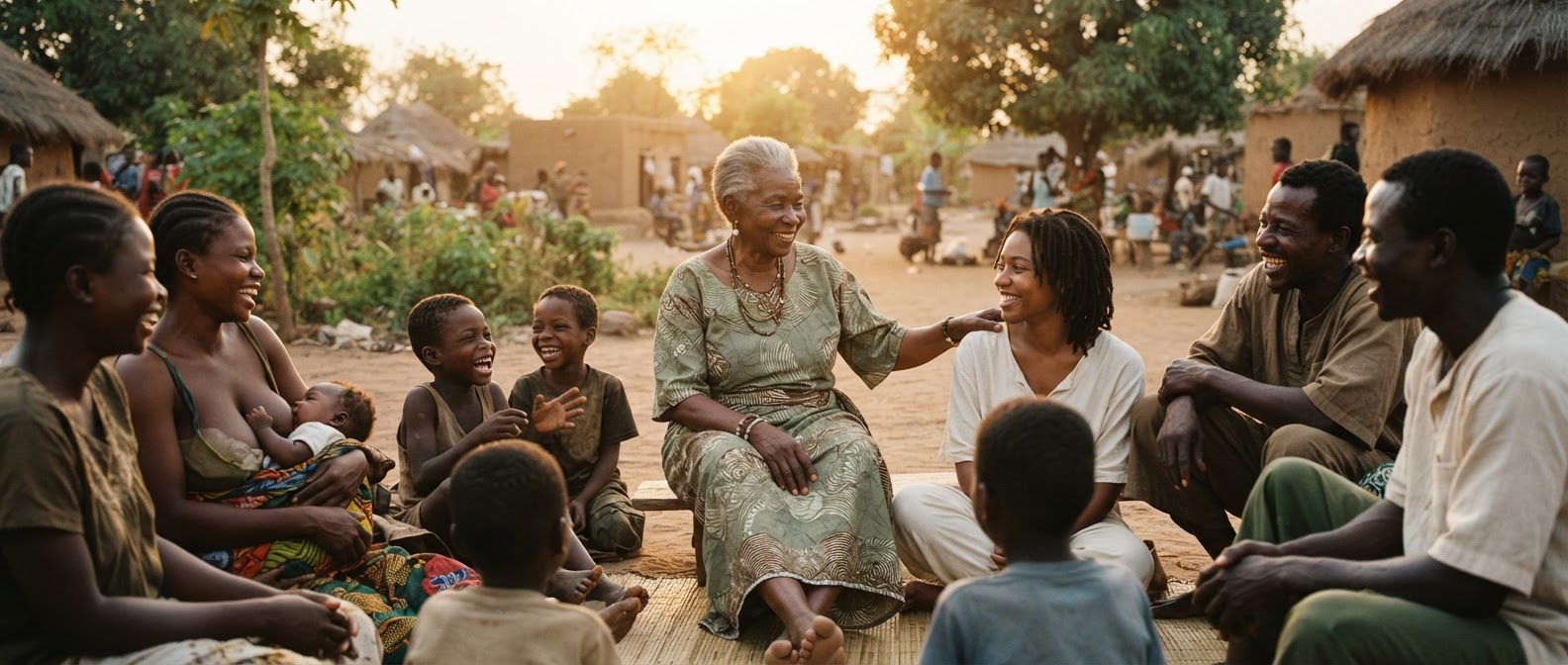 A community circle gathered in warm light