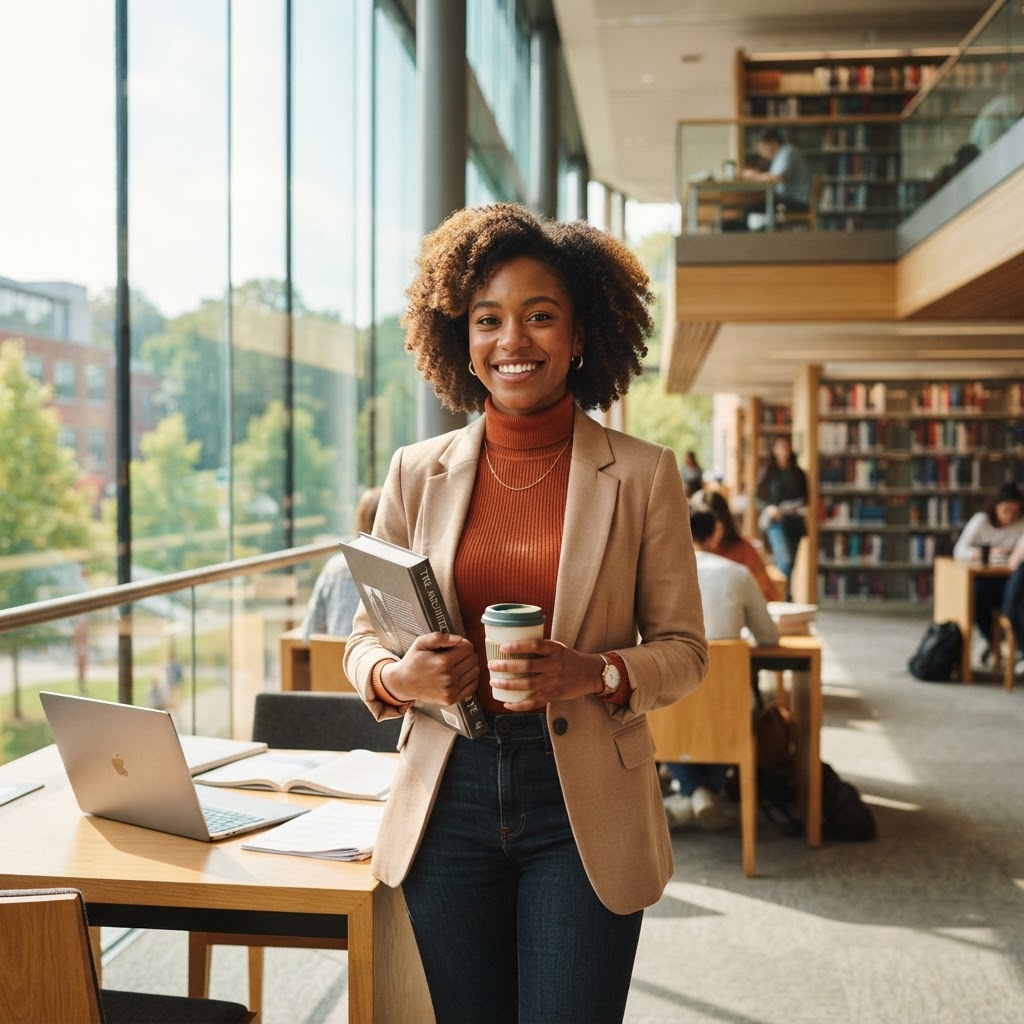 A confident young woman in a sunlit modern educational environment