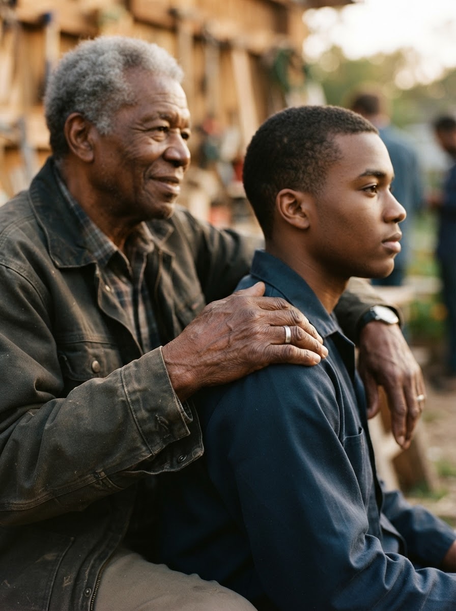 A mentor's hand resting on a young adult's shoulder