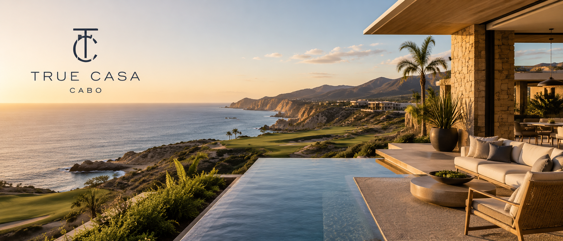 Luxury oceanfront estate in Los Cabos at sunset