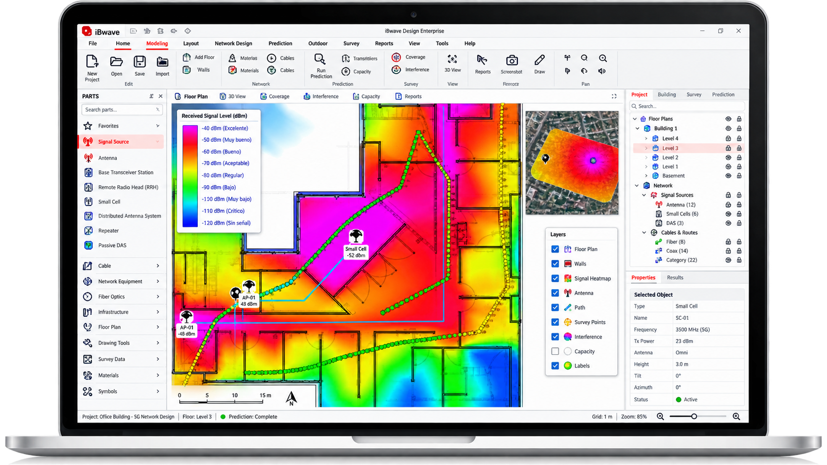 RF heatmap analysis software showing indoor signal strength on a floor plan