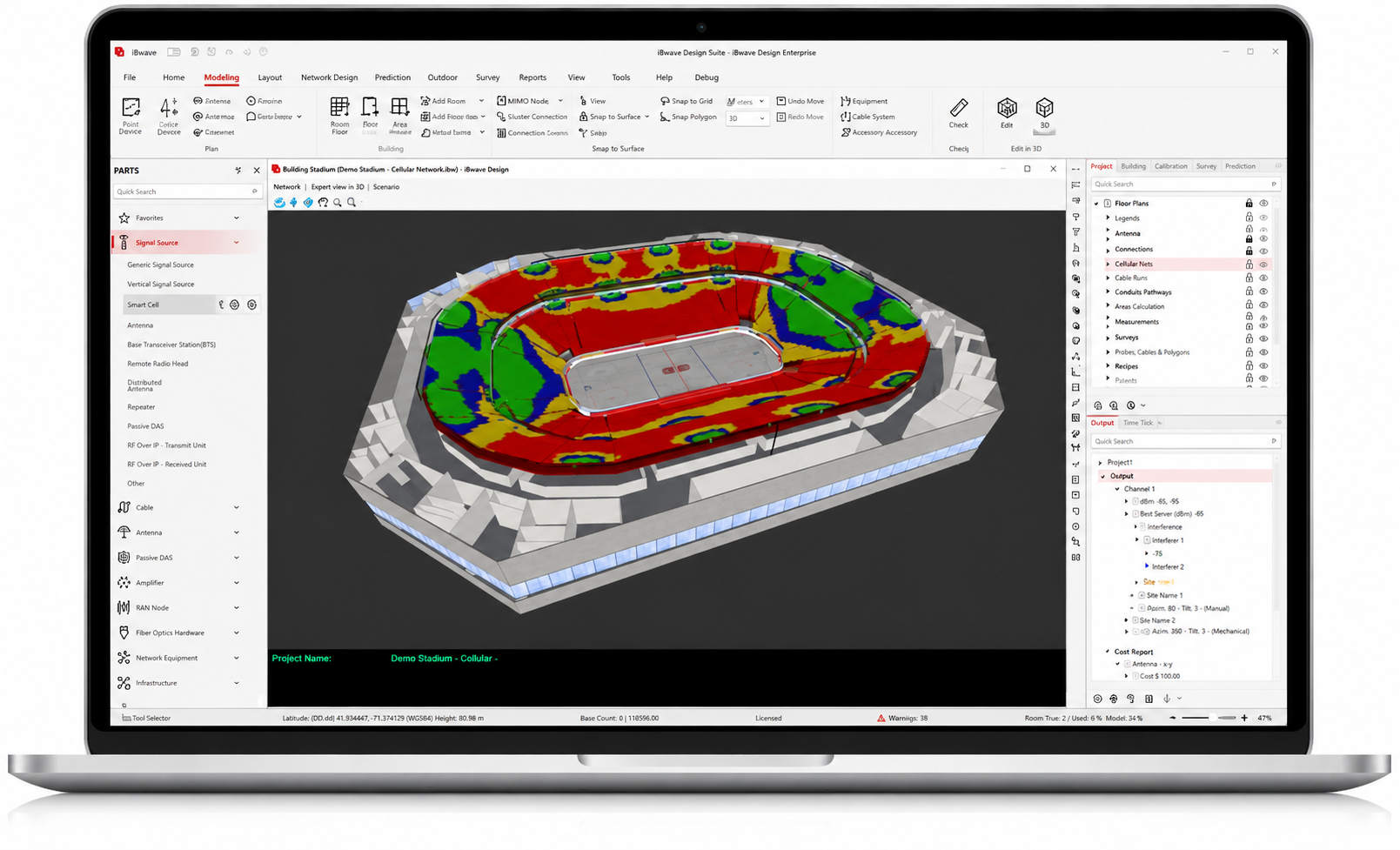 Stadium wireless design software showing a 3D coverage heatmap