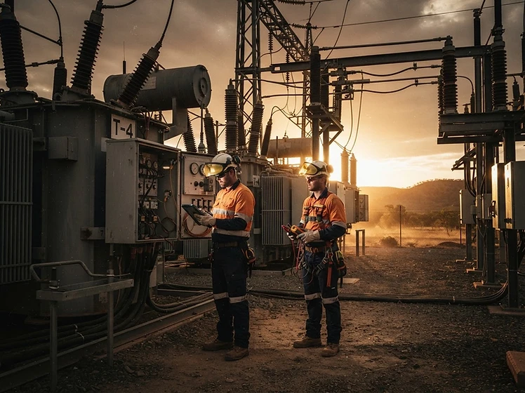Electricians in ARC-rated PPE inspecting a transformer farm
