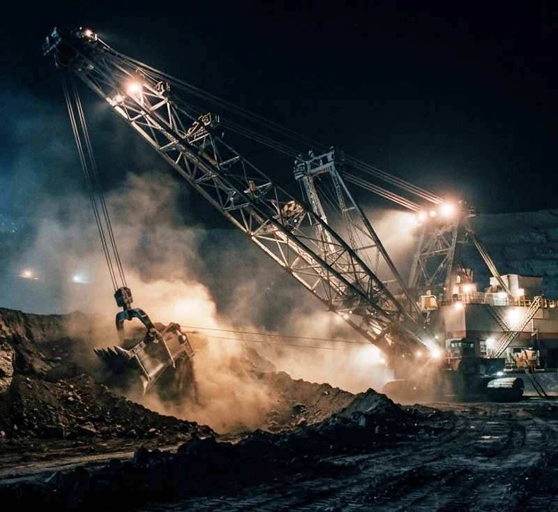 Dragline excavator illuminated at night in an open-cut mine