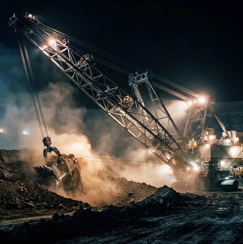 Dragline excavator illuminated at night in an open-cut mine
