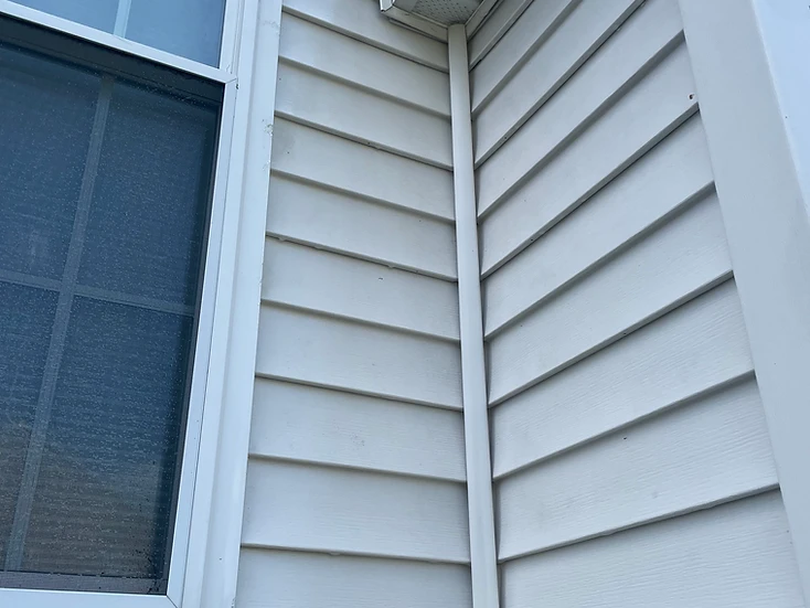 A clean window with screen and surrounding siding after a soft wash