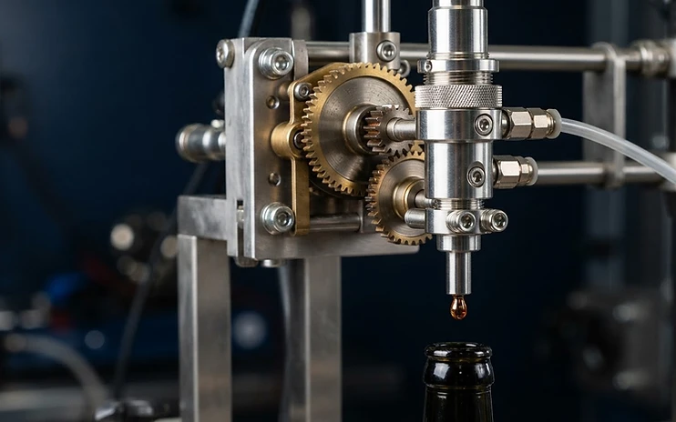 Precision stainless steel bottling nozzle on a small-scale manufacturing line