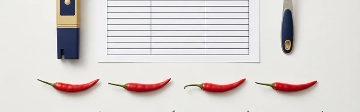Top-down technical flat-lay of a food spec sheet, pH meter, and chili peppers arranged in a grid