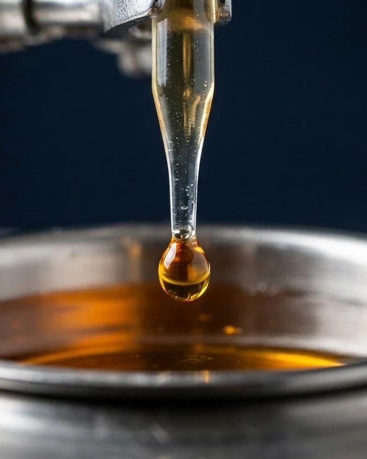 Glass pipette depositing a precise bead of golden liquid into a stainless steel vessel