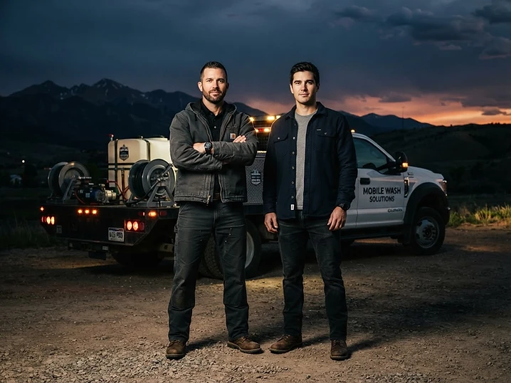 Off-duty firefighter owners in front of their mobile wash rig