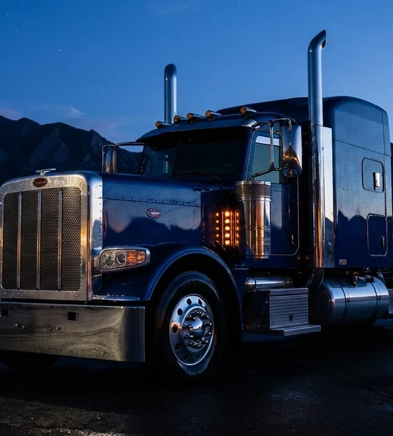 Gleaming semi-truck at blue hour with Colorado mountains behind
