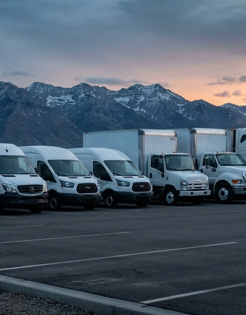 Fleet of clean commercial vehicles at dawn