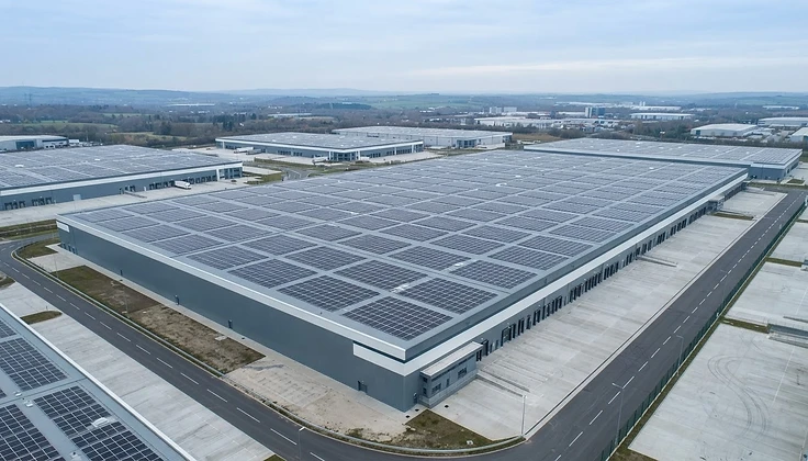 Rows of solar panels covering a large grey warehouse roof in a distribution park