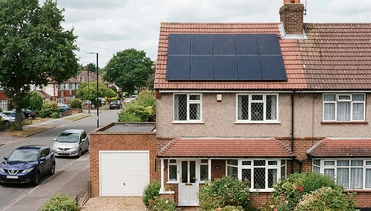 Domestic solar array on a British suburban roof photographed in soft daylight