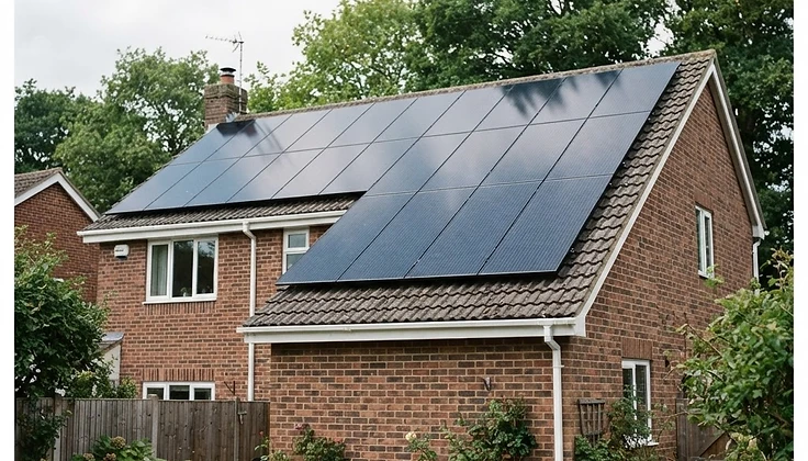 Solar panels on the pitched roof of a red-brick Milton Keynes home under soft overcast light