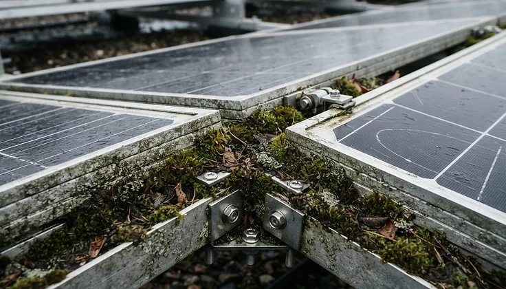 Close detail of aluminium solar panel frame edges with organic growth along the frame