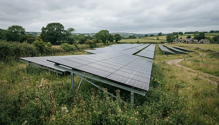 Ground-mounted solar array in a rural field with grass and vegetation at the lower panel edges