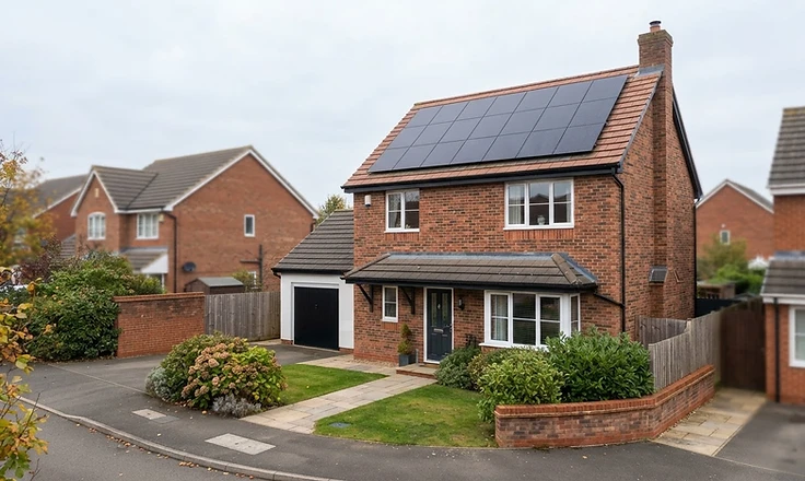 Solar panels on the roof of a red-brick Milton Keynes house in soft overcast daylight