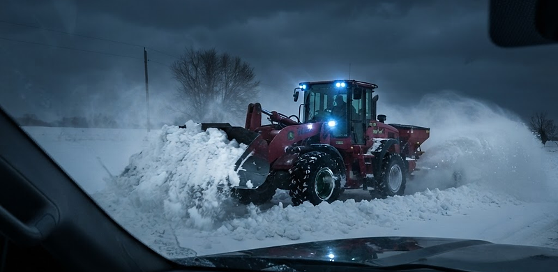 Tor Snow Removal loader in winter storm