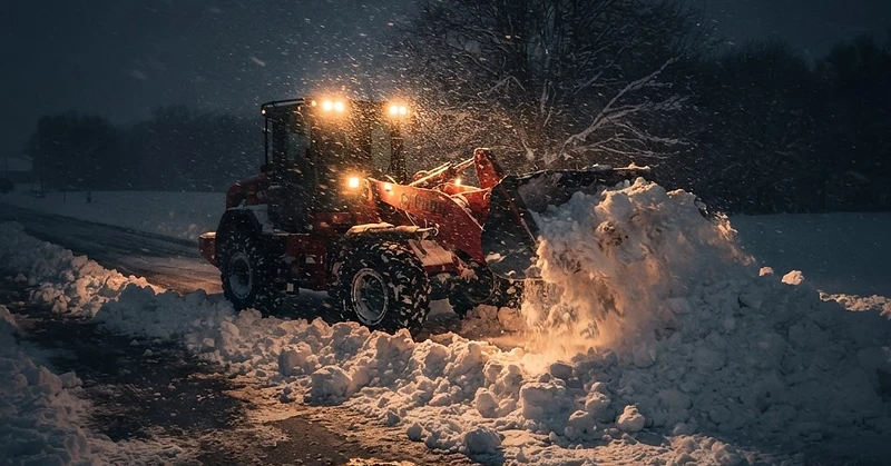 Tor Snow Removal loader pushing snow at night
