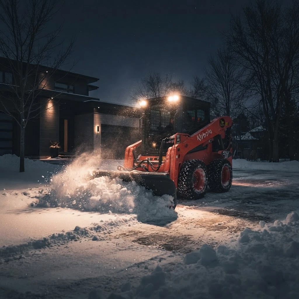 Tor Snow snow removal equipment clearing a residential property at night