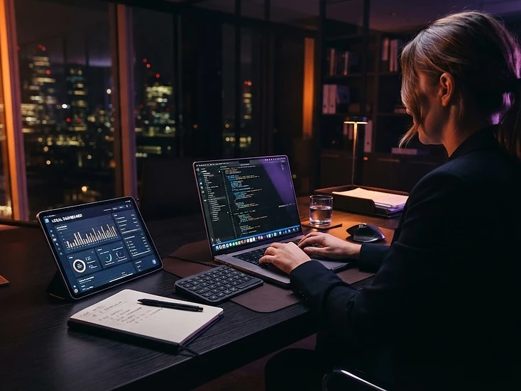 Advogado utilizando notebook em ambiente moderno com tecnologia