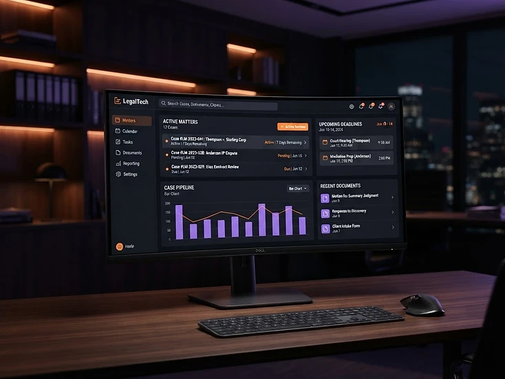 Dashboard jurídico conectado a documentos e calendário