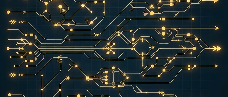 Abstract gold pipeline flow network of connected nodes on navy