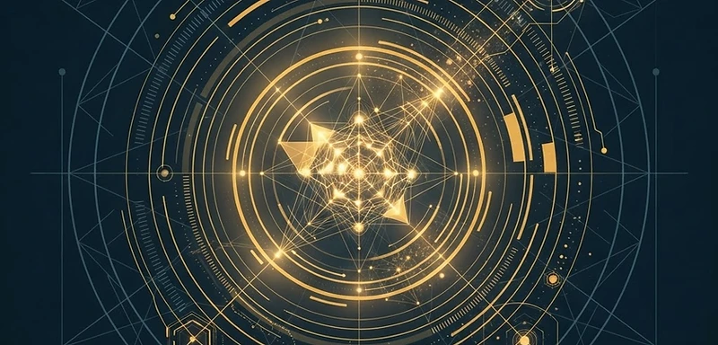 Abstract gold geometric dashboard of concentric rings and node clusters on navy