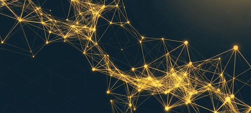 Abstract gold network of interconnected nodes on a deep navy field