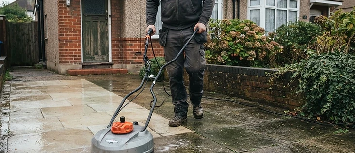 Rotary surface cleaner in use on a concrete path, showing the contrast between cleaned and grimy concrete