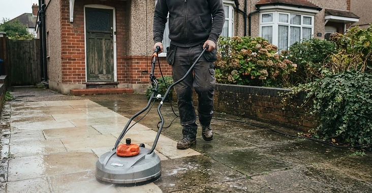 Surface cleaner in use on a concrete path outside an Ipswich property