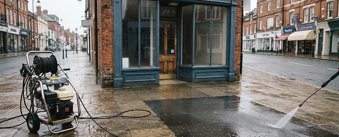 Paved shop entrance on a British high street part-way through cleaning