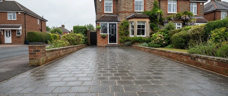 Clean grey block-paved driveway in front of a red-brick Ipswich house with freshly sanded joints