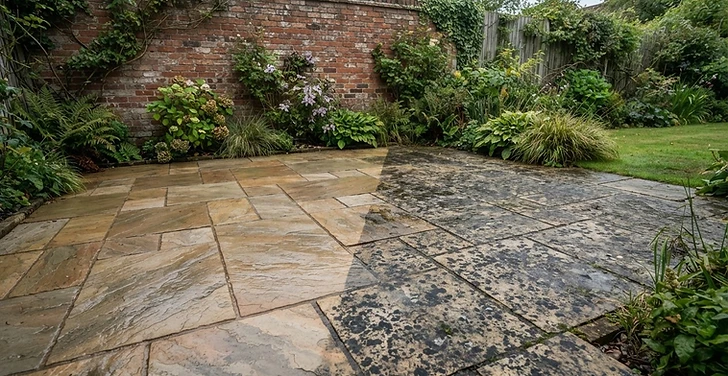 Indian sandstone patio in an Ipswich garden, half cleaned and half covered in black spot and algae