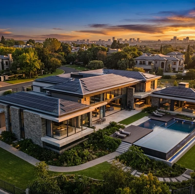 Black solar panel array on a modern Gauteng estate roof at sunset