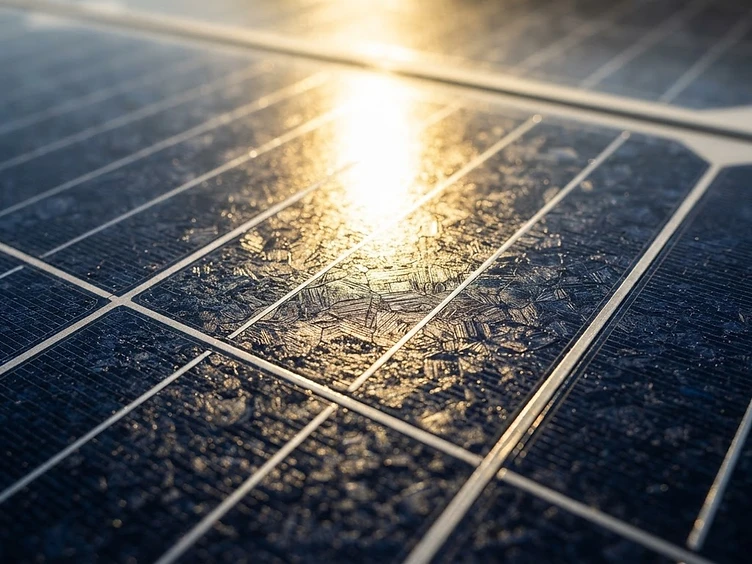 Macro view of monocrystalline solar cells in direct sunlight