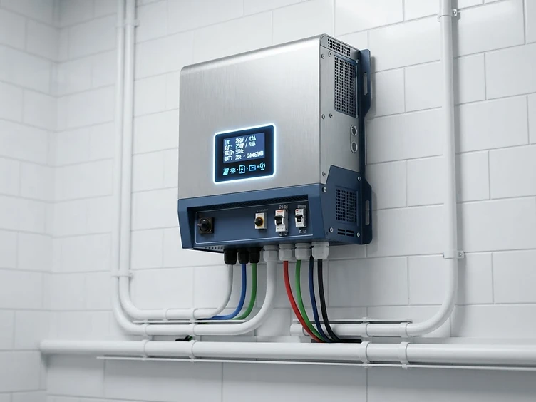 Hybrid solar inverter installed on a clean white wall with neat conduit wiring