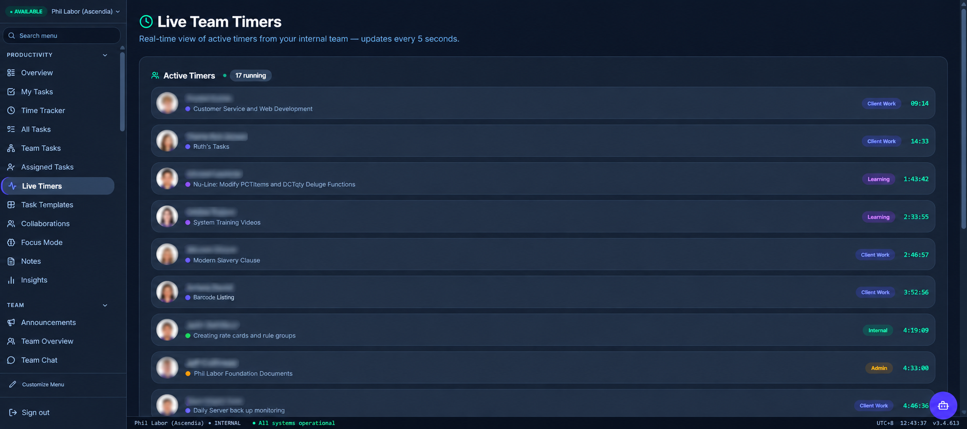 Ascendia Live Team Timers dashboard