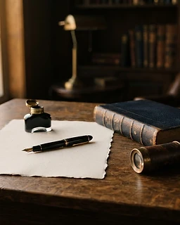 A fountain pen resting on heavy paper beside a leather-bound book and a brass optical instrument