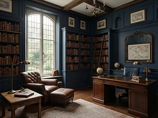 A quiet private library with leather armchair and warm wood floors