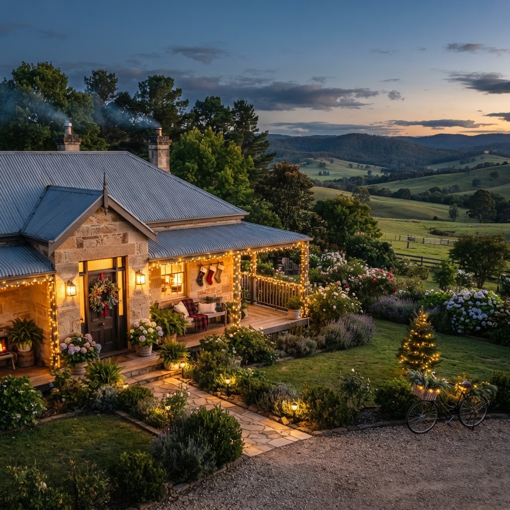 Heritage cottage in the Southern Highlands decorated with Christmas fairy lights at dusk