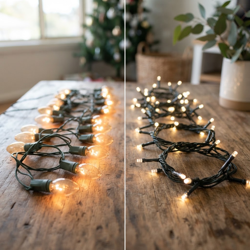 Old incandescent Christmas lights compared with modern LED string lights side by side on a wooden table